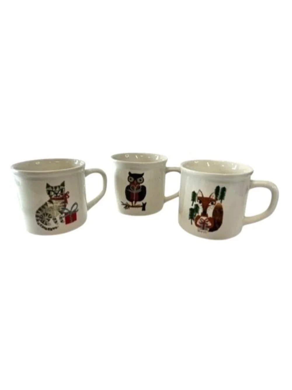3 POTTERY BARN DENISE FIEDLER WHIMSICAL CAT,FOX & OWL MUGS -A FUN TASTE OF NATUR